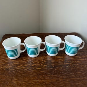 Corelle Corning Ware Teal Rainbow Stripe Coffee Cups Set of 4, Vintage White Turquoise Mugs, Made in USA Kitchen Drinkware