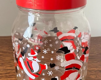 Vintage Anchor Hocking Dancing Santa Christmas Glass Canister - 2 Qt Cookie Jar