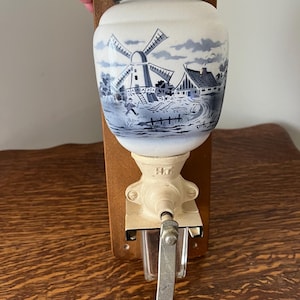 Vintage West German Delft Blue Coffee Grinder – Wall Mounted, Windmill Pottery