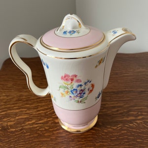 Vintage Crown Potteries Co Coffee Pot | Pink with Floral Print and Gold Edging