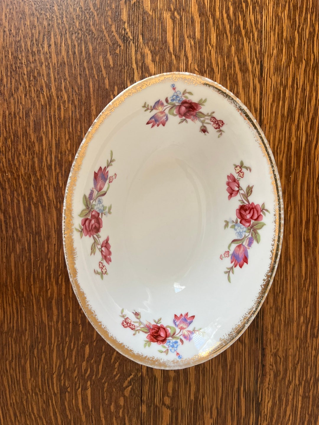 Vintage Wheelock China Semi Porcelain Oval Red & Blue Rose Bowl Serving