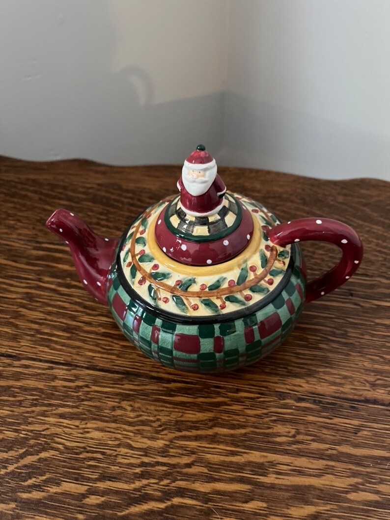Vintage Debbie Mumm Designs Holly & Plaid Small Teapot Santa Claus