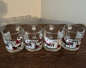 Vintage Clear Glass Winter Scene Mugs