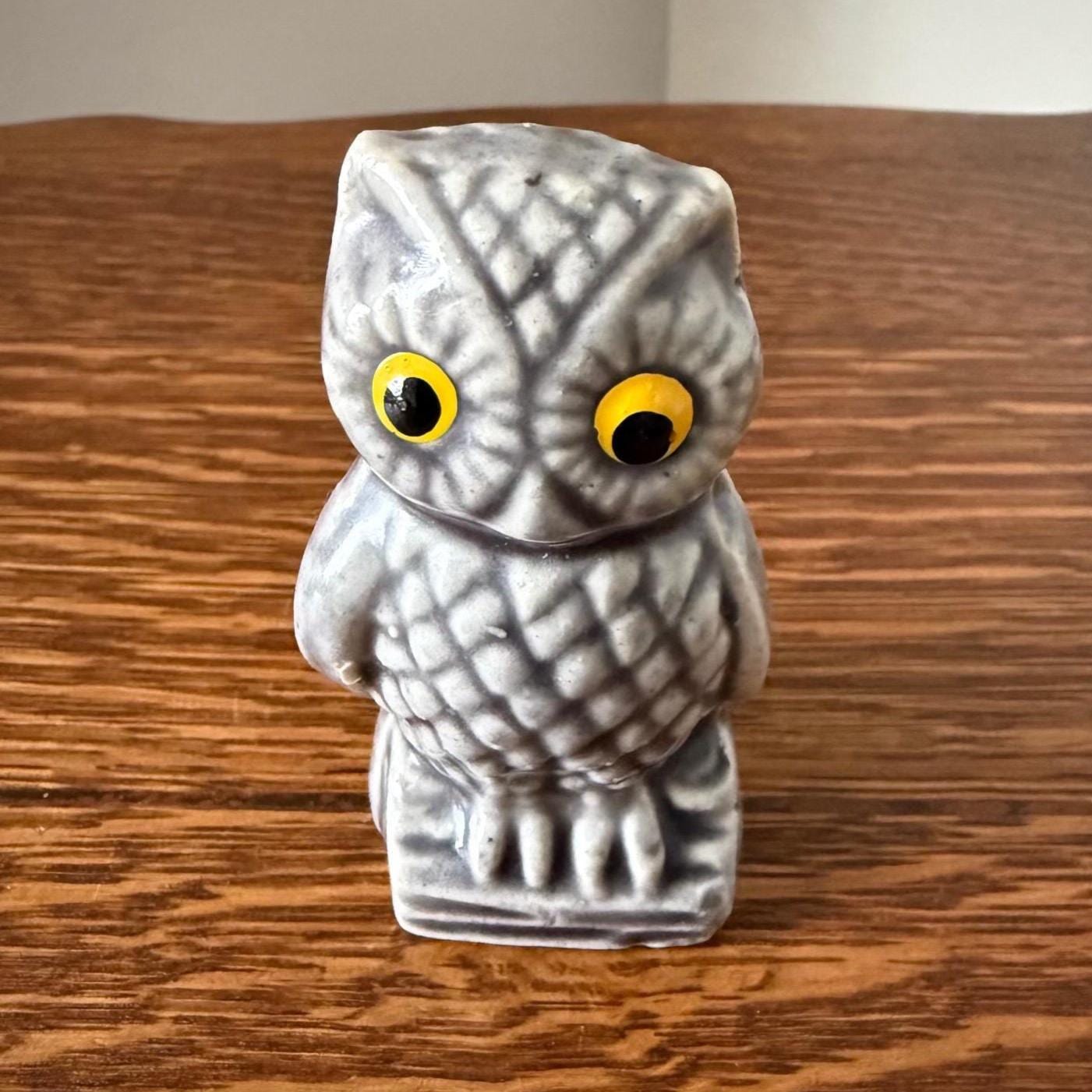 Vintage Stone Gray Ceramic Owl Figurine Yellow Eyes Retro Bird Decor Woodland Collectible