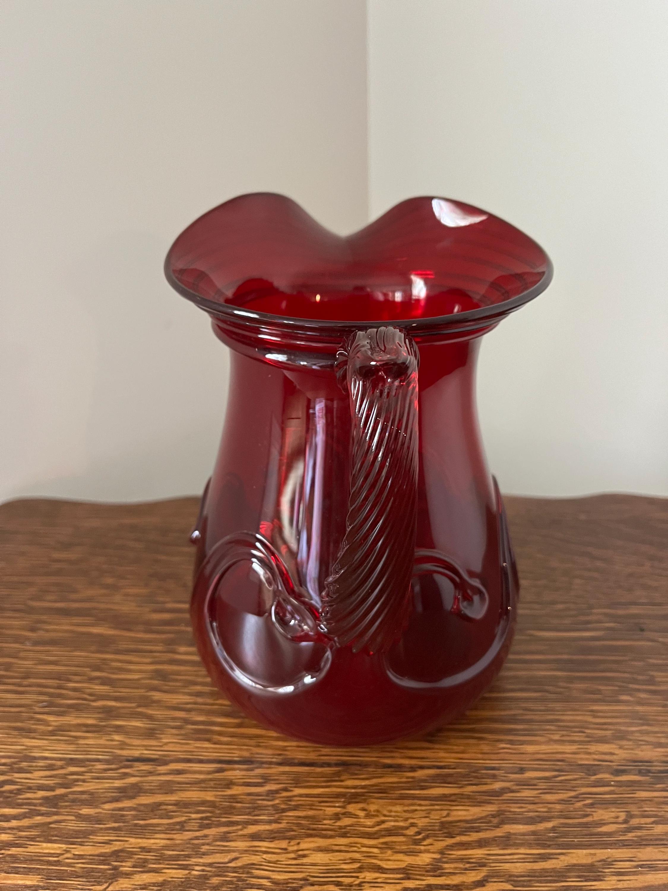 Signed Joe Deanda Ruby Red Glass Crested Wave Pitcher - Hand-blown