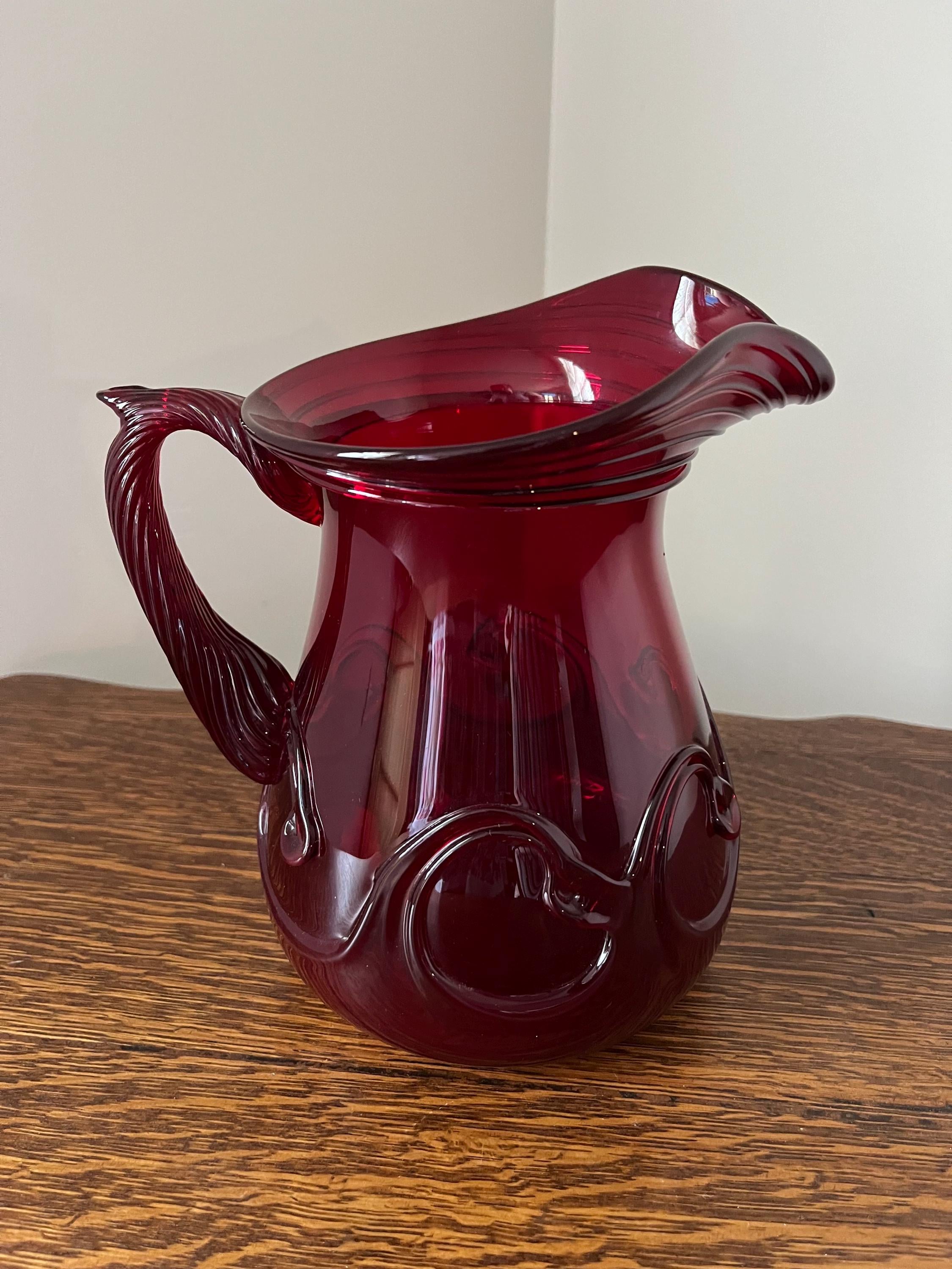 Signed Joe Deanda Ruby Red Glass Crested Wave Pitcher - Hand-blown