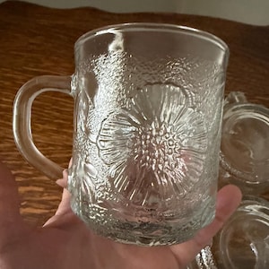 May include: Clear glass mug with a floral embossed design. The mug has a handle and a textured surface. The floral pattern is a prominent feature, adding a decorative element to the glassware. The mug is held in a hand.