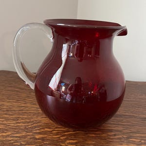 Vintage Ruby Red Hand-Blown Glass Pitcher with Clear Handle