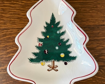 Vintage Christmas Tree Shaped Serving Dish Hand Decorated Holiday Server