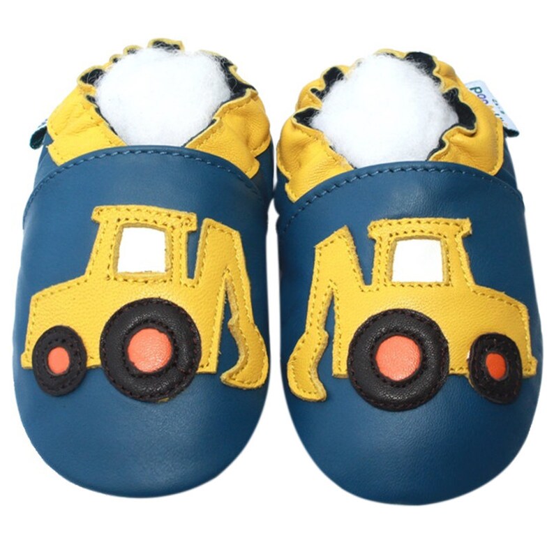 Boys Shoes Motorcycle, Firetruck, Train, Racingcar, Helicopter Vehicle Pattern Soft Leather Anti-Slip Sole Baby Crib Booties 0-3Y excavator blue