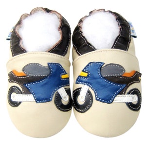 Boys Shoes Motorcycle, Firetruck, Train, Racingcar, Helicopter Vehicle Pattern Soft Leather Anti-Slip Sole Baby Crib Booties 0-3Y motorcycle beige