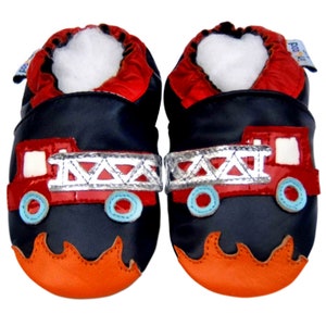 Boys Shoes Motorcycle, Firetruck, Train, Racingcar, Helicopter Vehicle Pattern Soft Leather Anti-Slip Sole Baby Crib Booties 0-3Y firetruck navy