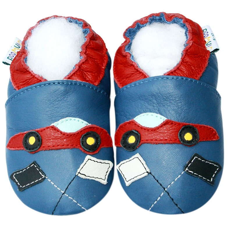 Boys Shoes Motorcycle, Firetruck, Train, Racingcar, Helicopter Vehicle Pattern Soft Leather Anti-Slip Sole Baby Crib Booties 0-3Y racing car blue