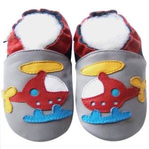 Boys Shoes Motorcycle, Firetruck, Train, Racingcar, Helicopter Vehicle Pattern Soft Leather Anti-Slip Sole Baby Crib Booties 0-3Y helicopter grey