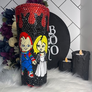 Chucky&#39;s bride  glass rhinestone, Child play, Killer Doll, Horror fan,Bride of Chucky, Rhinestone tumbler, hand made custom tumbler.