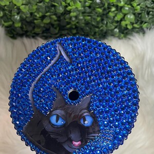 May include: A round, flat, decorative piece featuring a blue and black cat face with blue rhinestones.