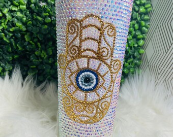 Gobelet Evil Eye Hamsa en strass : tasse en verre personnalisée de 24 oz