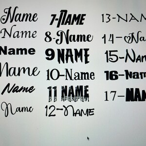 Peut inclure: Un fond blanc avec du texte noir montrant 17 variations diff&eacute;rentes du mot "Name" avec les num&eacute;ros 1 &agrave; 17 pr&eacute;c&eacute;dant chaque mot. Certains mots sont dans des polices et des styles diff&eacute;rents.