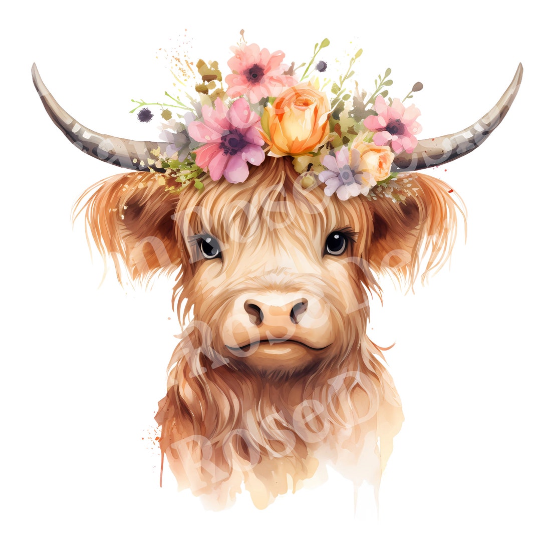 Highland Cow With Wildflowers (PNG Digital Download) | Clipart Highland