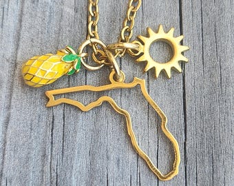 Florida Sunshine State Charm Necklace with Sun & Enamel Pineapple - Non Tarnish - Gold Stainless Steel