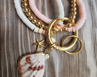 Light Pink and White Natural Scallop Sea Shell Gold Keychain Stretch Bracelet Set with Clay Heishi Beads