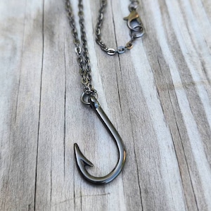 Gunmetal Gray Fishing Fish Hook Necklace on 18&quot; Chain