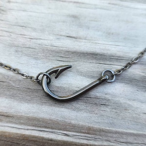 Gunmetal Gray Sideways Fishing Fish Hook Necklace on 16&quot; Chain