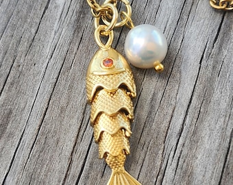 18k Gold Wiggle Fish Pendant Necklace with Cubic Zirconia & Freshwater Pearl Charm