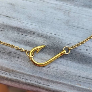 Gold Sideways Fishing Fish Hook Necklace on 16&quot; Chain