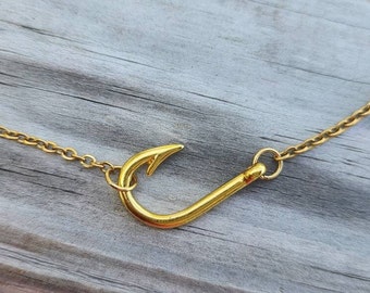 Gold Sideways Fishing Fish Hook Necklace on 16" Chain