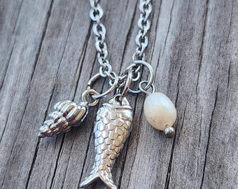 Silver Fish Trio Necklace with Sea Shell & Freshwater Pearl Charms