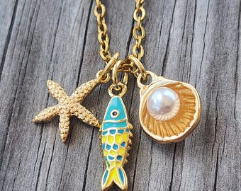 18k Gold Enamel Fish Trio Necklace with Scallop Shell Pearl & Starfish Charms