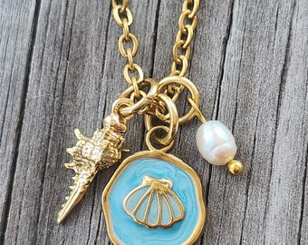 18k Gold Blue Enamel Shell Charm Trio Necklace Set with Murex  Shell & Freshwater Pearl  Charms