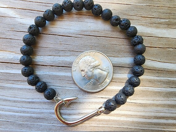 Silver Fish Hook Bracelet with Black Lava Beads