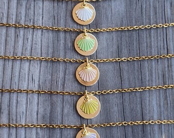 Lilac Purple Scallop Shell Enamel Charm Necklace on 18k Gold Flat Round Pendant