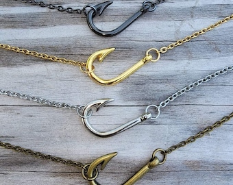 Silver Sideways Fishing Fish Hook Necklace on 16" Chain