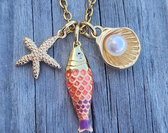 18k Gold Pink Enamel Fish Trio Necklace with Scallop Shell Pearl & Starfish Charms