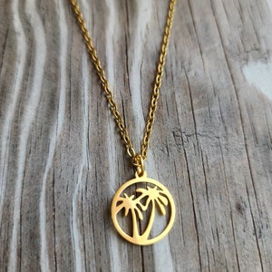 Gold Stainless Steel Coconut Palm Tree Pendant Necklace