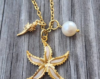 18k Gold White Abalone Starfish Trio Necklace Set with Murex Shell & Freshwater Pearl  Charms