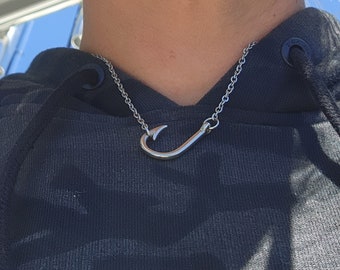 Silver Sideways Fishing Fish Hook Necklace on 16" Chain