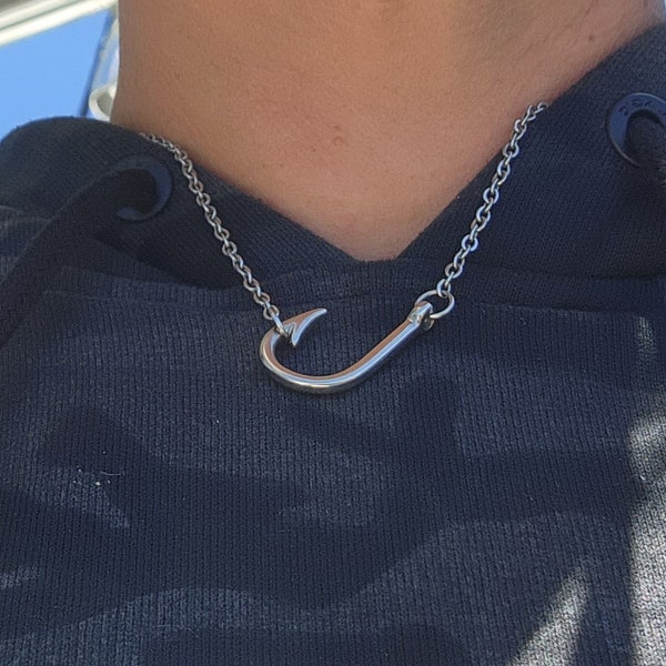 Silver Sideways Fishing Fish Hook Necklace on 16" Chain