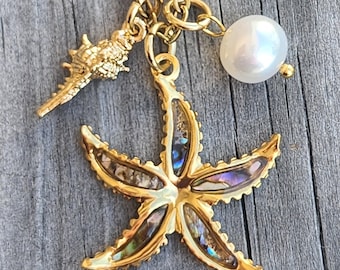 18k Gold Abalone Starfish Trio Necklace Set with Murex Shell & Freshwater Pearl  Charms