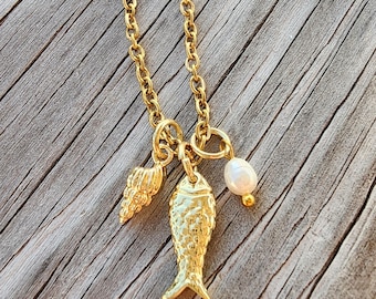18k Gold Filled Fish Trio Necklace with Sea Shell & Freshwater Pearl Charms