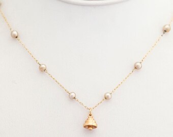 Vintage Minimalist Natural Freshwater Pearl Necklace with Bell Pendant 15 Inches - S25