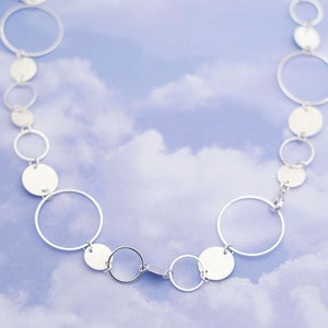 Vintage Minimalist Silver Circles Chain Necklace 35 Inches - S21