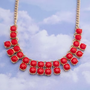 Vintage Statement Gold Tone with Red Stone Bib Necklace 18 Inches - S20