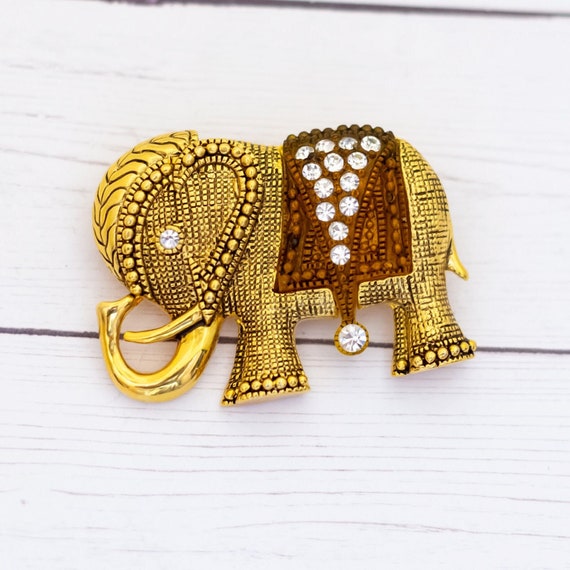 Broche Éléphant Vintage En Strass Doré - Bijou Ancien Décoratif