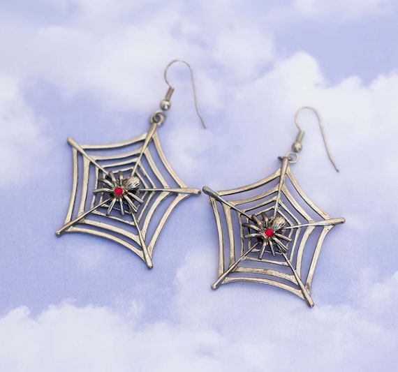 Vintage Gothic Spider on Web with Red Austrian Cr… - image 1