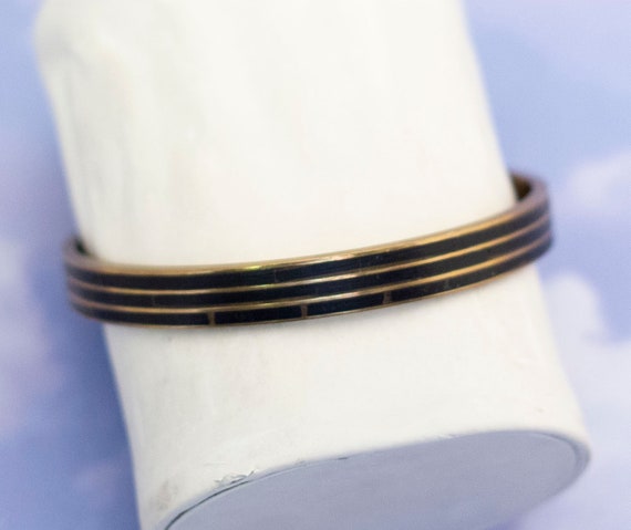 Vintage Minimalist 3-Line Black Stripe Gold-Plate… - image 2