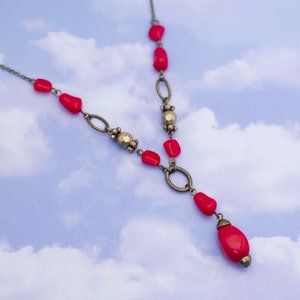 Vintage Boho Red and Silver Tone Lariat Necklace by Avon 17 1/2 Inches - S9